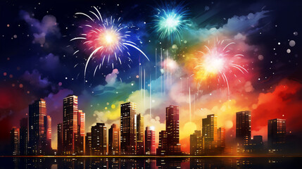 Fototapeta premium Multicolor fireworks on sky,high building. Generative ai.