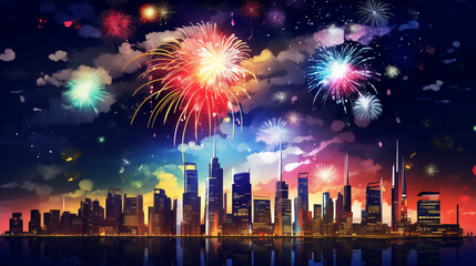 Fototapeta na wymiar Multicolor fireworks on sky,high building. Generative ai.