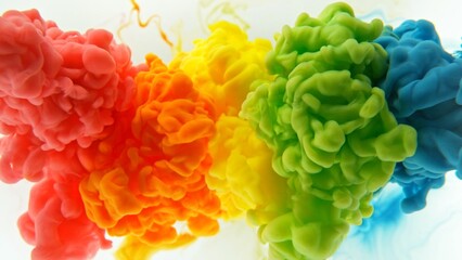 Colorful Inks Mixing in Water, Isolated on White Background.