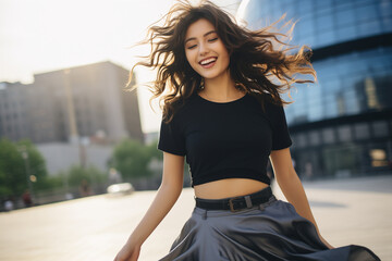 Fototapeta premium Photo of cute overjoyed asian girl dancing in the city during summer. 