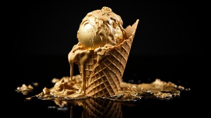 Delicious ice cream in waffle cone on blurred background, closeup