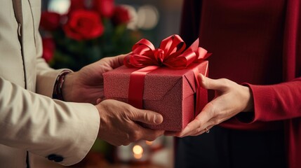 Cropped shot of man giving red gift box to woman at home