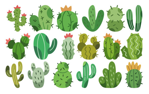 Flat stylized decorative cactus icon illustration isolated set. Collection of exotic plant on white background