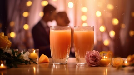 Naklejka na ściany i meble Two glasses of orange juice on the table with a blurred background