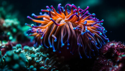Multi colored clown fish swim among soft coral in underwater reef generated by AI