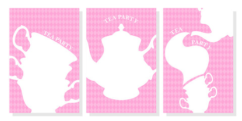 Set of wonderland vector card. Mad tea party. White silhouettes tea cups and teapot on black background	
