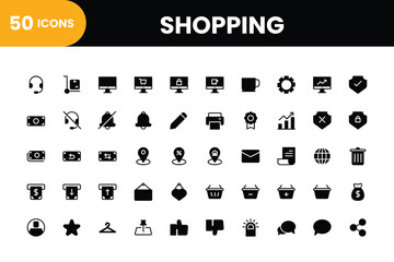 Shopping solid icon set. Shopping 50 icons set collection. Vector icons collection.