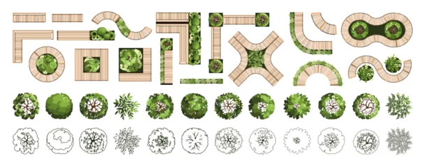 Deurstickers Top view elements for the landscape design plan. Trees and benches for architectural floor plans. Entourage design. Various trees, bushes, and shrubs. Vector illustration. © Аня Марюхно