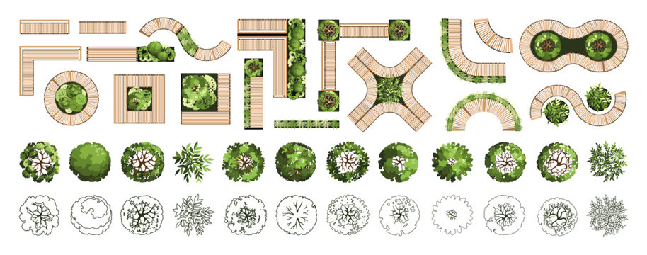Top view elements for the landscape design plan. Trees and benches for architectural floor plans. Entourage design. Various trees, bushes, and shrubs. Vector illustration.