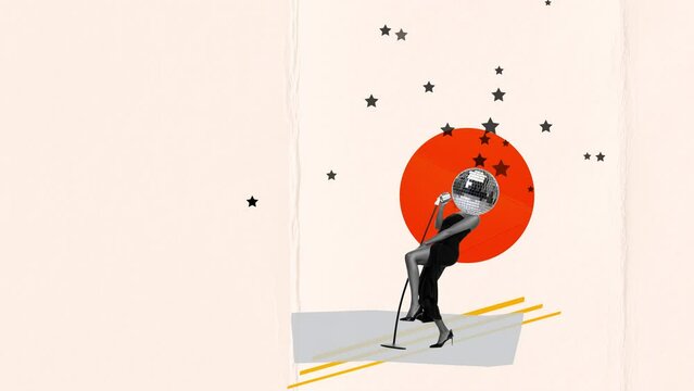 Stop motion, animation. Stylish singer headed of disco ball performing at jazz concert, singing. Creative design. Concept of creativity, retro style, surrealism, imagination. Copy space for ad