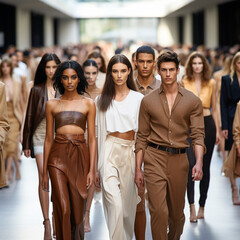 Diverse models on a fashion catwalk.