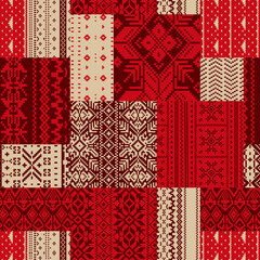 Nordic traditional knitted snowflakes jacquard patchwork abstract winter textile vector seamless pattern