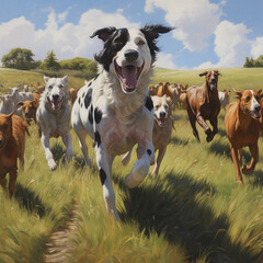 Dog controlling the cattle on the farm. - obrazy, fototapety, plakaty