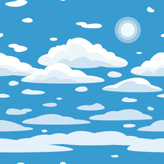 Sky seamless pattern. Clouds and sun. Vector illustration for prints, wallpapers.