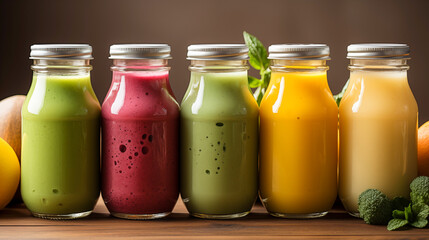 Assortment of Freshly Blended Fruit and Vegetable Smoothies in Glass Bottles, Arrayed in a Vibrant Display of Healthy Beverage Options