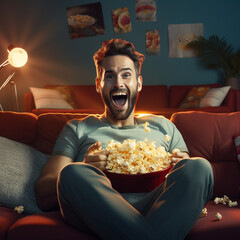 Man watching a movie and eating popcorn. - obrazy, fototapety, plakaty