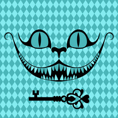 Wonderland vector card. Mad tea party. Black silhouettes  the smile of the Cheshire cat and the key to wonderland on blue checkered background