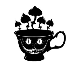 Wonderland vector card. Mad tea party. Black silhouettes  cheshire cat, tea cup and mushrooms on white background