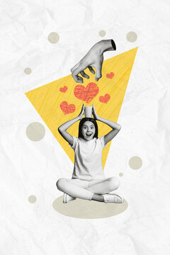 Vertical collage picture of impressed black white colors girl hold cup above head big arm claw painted heart symbol isolated on paper background