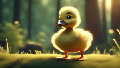 Baby fluffy duck with glowing eyes and forest background