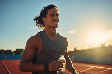 Latino athlete running on track.holding water bottle,sweaty runner.Practice for marathon - obrazy, fototapety, plakaty