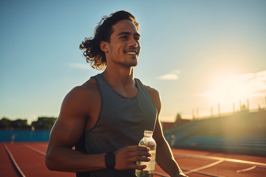 Latino athlete running on track.holding water bottle,sweaty runner.Practice for marathon