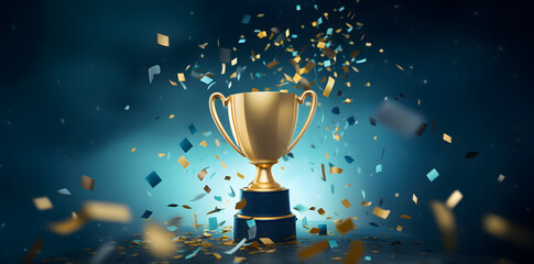 Gold trophy on blue background business and competition concept  - obrazy, fototapety, plakaty