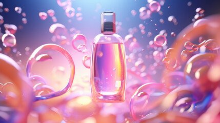 Blank cosmetic shower gel bottle surrounded by flying soap bubbles. 3d render style illustration. Mockup of shower gel or bath foam. Pastel colors.