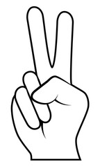 V sign hand gesture with two fingers raised for victory and peace symbol, black and white vector silhouette illustration