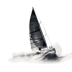 Black and white illustration of a sailboat on the se