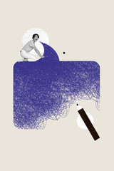 Vertical collage picture of mini black white colors impressed girl huge pencil drawing dialogue...