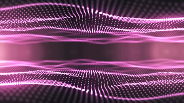 Rose gold digital particle waves seamlessly flowing to the camera surrounded by soft light with bokeh effect. Romantic rose gold background. Bright flowing particles. Celebration, awards, wedding. 4k.