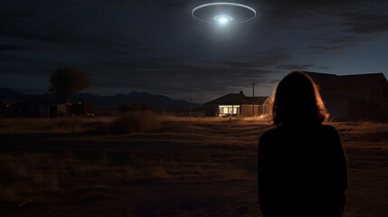 Silhouette of a person looking at UFO in sky desert landscape. Concept of UFO sighting in the desert, extraterrestrial encounters, mysterious aerial phenomenon, unidentified flying object, stargazing.