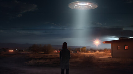Woman looking up at UFO in night sky mysterious. Concept of UFO sighting in the desert, extraterrestrial encounters, mysterious aerial phenomenon, unidentified flying object, stargazing. - obrazy, fototapety, plakaty