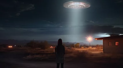 Woman looking up at UFO in night sky mysterious. Concept of UFO sighting in the desert, extraterrestrial encounters, mysterious aerial phenomenon, unidentified flying object, stargazing. © Lila Patel