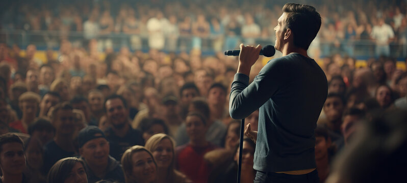 Stand up comedian man standing in front of packed audience telling joke. Concept of Entertaining comedy performance, connecting with the audience through humor, engaging storytelling.