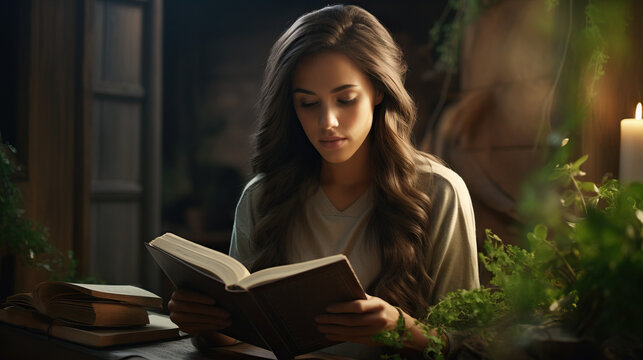 Woman reading book in outdoor den garden. Concept of Garden relaxation, cozy outdoor reading nook, serene garden retreat, peaceful reading spot. 