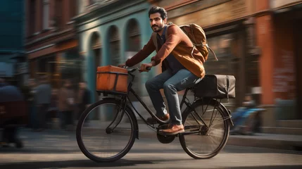  Indian man riding fast on bicycle in city streets. Action shot. Concept of Urban cycling, active transportation, city commuting, cycling enthusiast, fast-paced biking, navigating city traffic. © Lila Patel