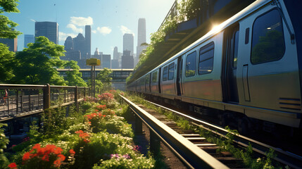 Obraz premium Subway Train in the city overgrown plant growth. Concept of Nature reclaims urban spaces, abandoned infrastructure, urban jungle, unexpected greenery, nature's resilience.