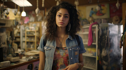 Fototapeta premium Biracial teen at the thrift store. Jean jacket. Concept of Thrift store fashion, teenage style, shopping for clothes, jean jacket fashion, sustainable fashion choices.