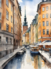 Fototapeta na wymiar Watercolor art of Stockholm city