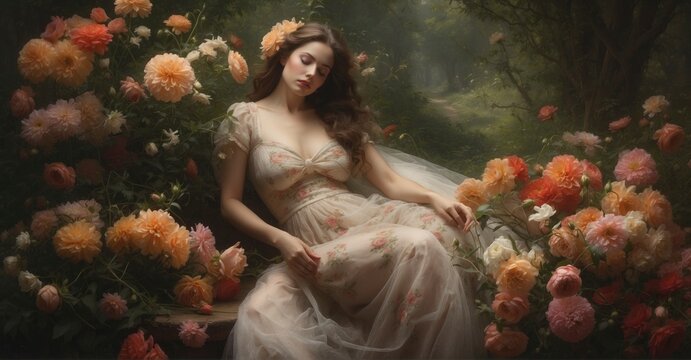 Woman Poses in Nature's Embrace, Melding Her Essence with the Tender Touch of Flowers