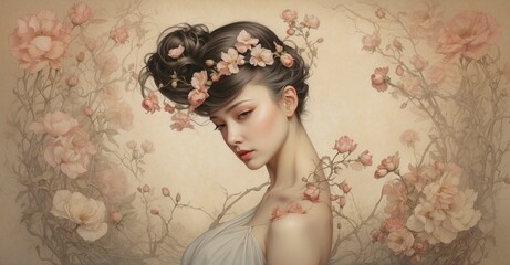 Blossom Alchemy A Woman's Tender Pose, Melding Her Essence with the Enchanting Embrace of Nature's Flowers