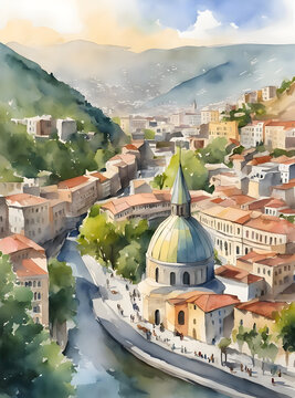 Watercolor art of Tbilisi Georgia