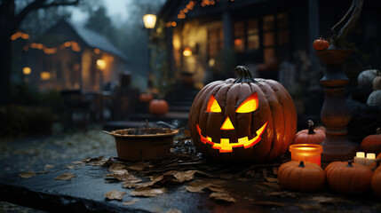 Halloween pumpkin on the street night time. Concept of Halloween decoration, festive ambiance,...