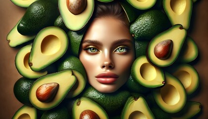 Close-up portrait of a high fashion female model's face Surrounded by a pile of fresh avocado...