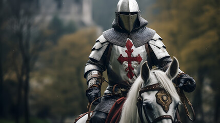 Medieval Knight on Horseback with Crusader Cross Armour