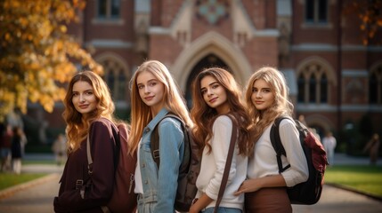 Fototapeta premium Group of beautiful young female students standing in front of the university campus