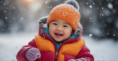  In a winter wonderland, an Asian toddler, dressed in a vibrant beanie and snug coat, gleefully sculpts joy from the snow