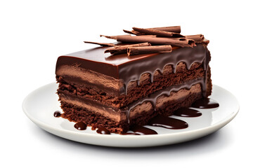 Slice of chocolate cake with raspberries isolated on white background 